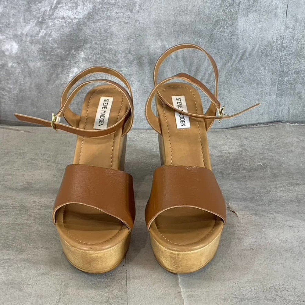 Steve Madden Women's Cognac Leather Welsh Ankle-Strap Wedge Sandals SZ 10 - Picture 3 of 9
